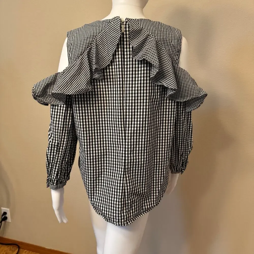 Lauren Ralph Lauren Black & White Gingham Ruffle Cold-Shoulder Blouse - Size L - Picture 6 of 11